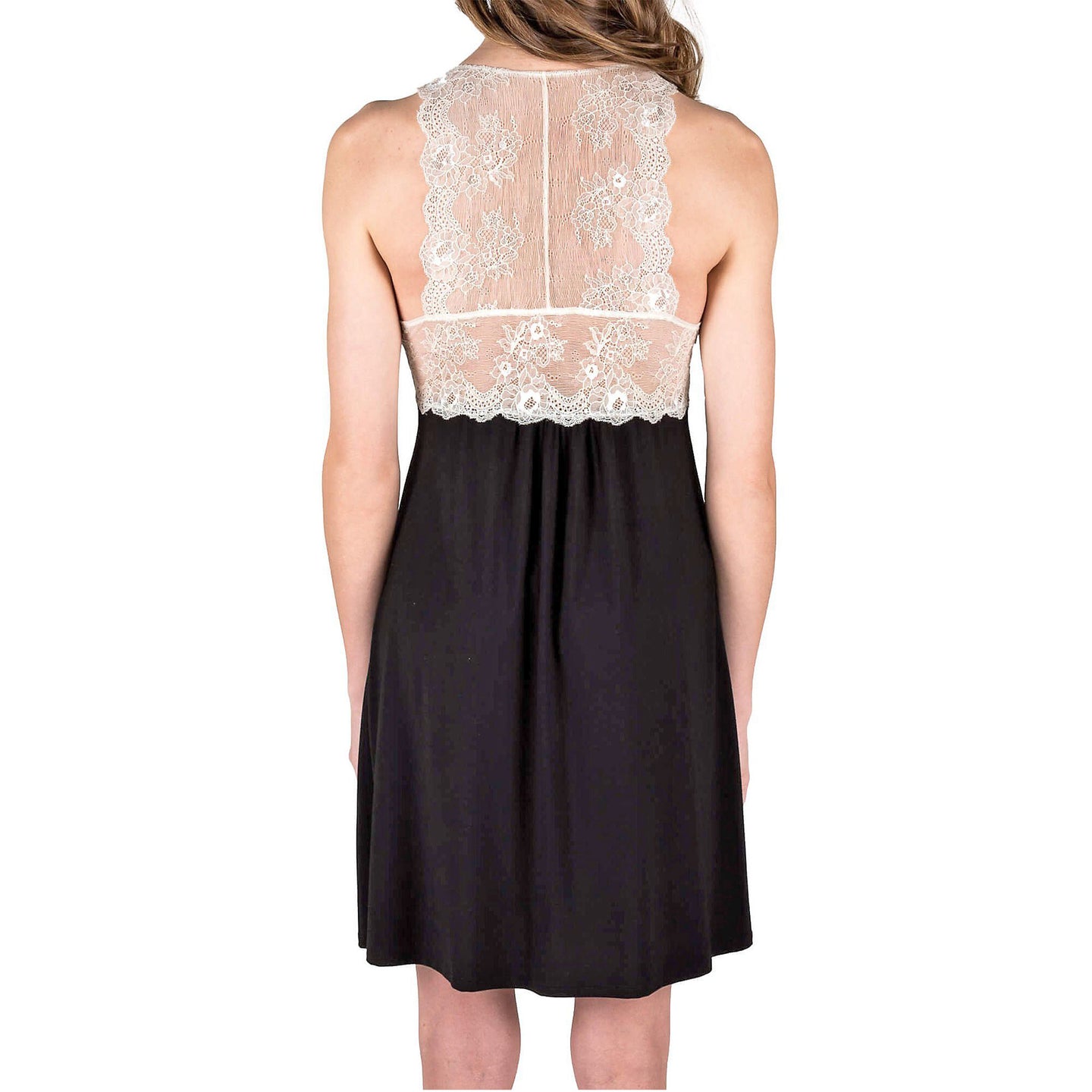 Catarina Knit Chemise Nightgown - Black with Ecru Lace Mystique Intimates